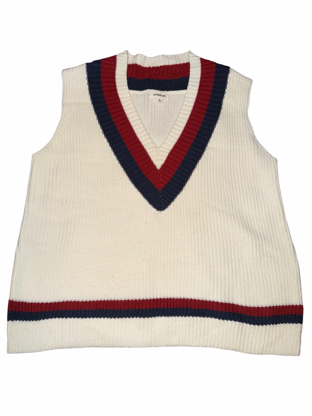 SugarLips Classic Cream Knit Cricket Vest with Navy & Red Trim